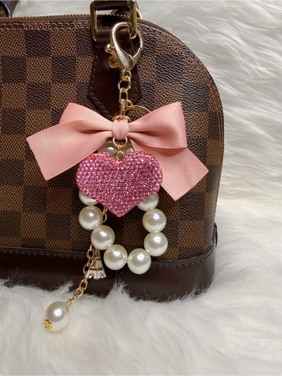 Accessories - Pink Heart Bag Charm Keychain Keyring Rhinestone Bling Bow Handmade Gift